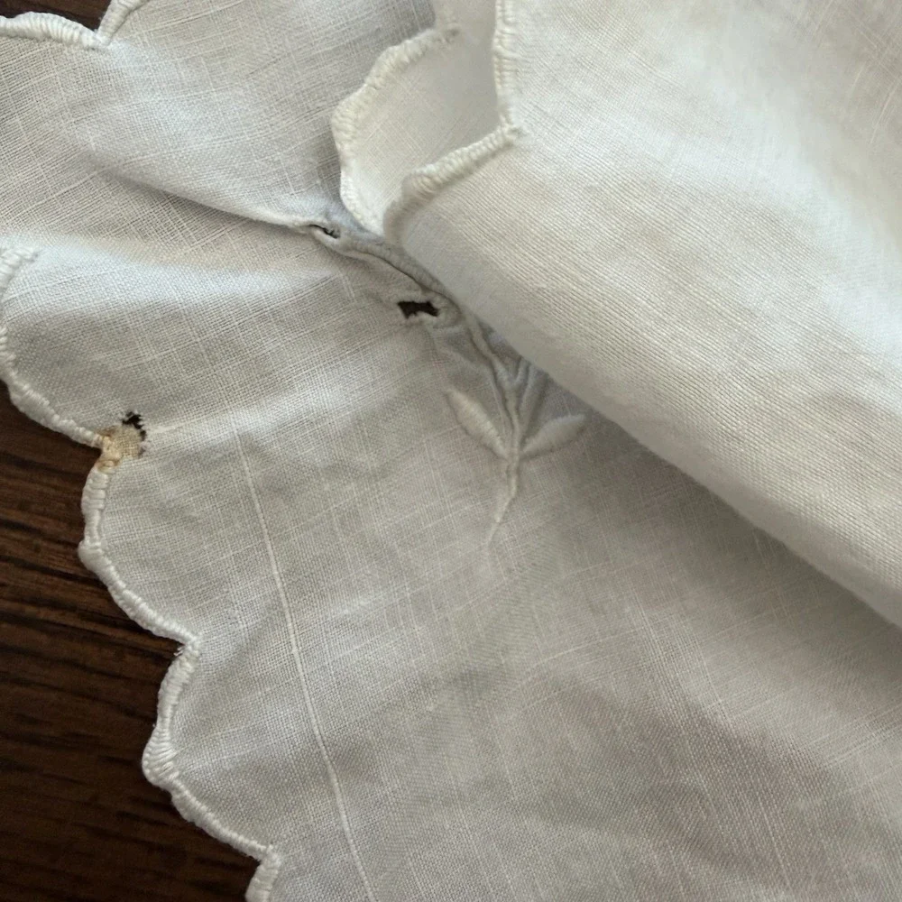 Vintage Madeira Cutwork Linen Tablecloth Floral Urn Scalloped Edge